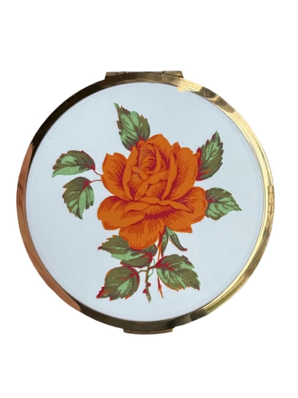 Vintage Mid Century Stratton White Enamel Orange Rose Round Compact